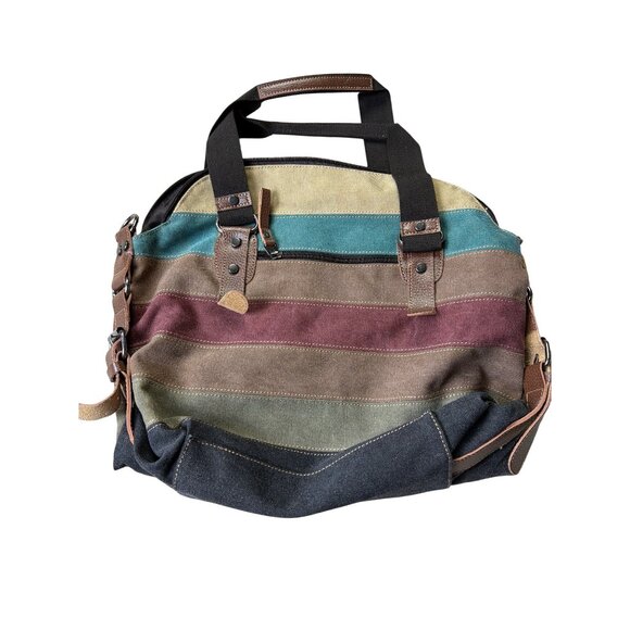 ManJiangHong Hobo Striped Canvas & Leather Overnight Travel Bag - Picture 4 of 9